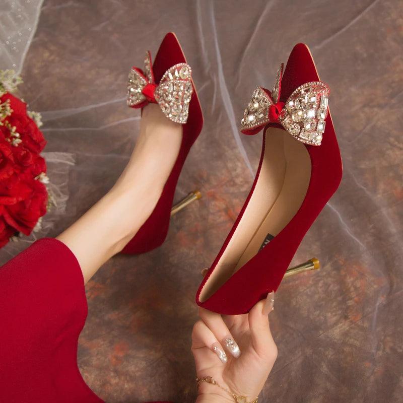 Red Bling Big Crystal Pumps - Bowtie Flock Wedding Party Shoes - Dhavinci