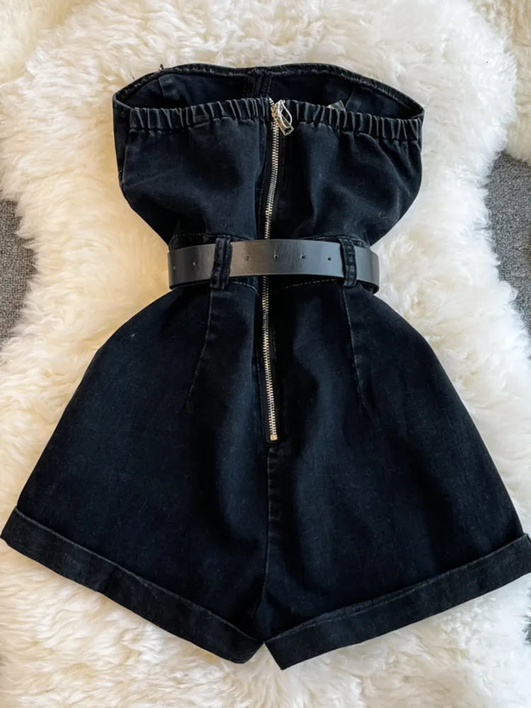 Off-Shoulder Denim Romper | Women’s Casual Wide-Leg Jumpsuit - Dhavinci