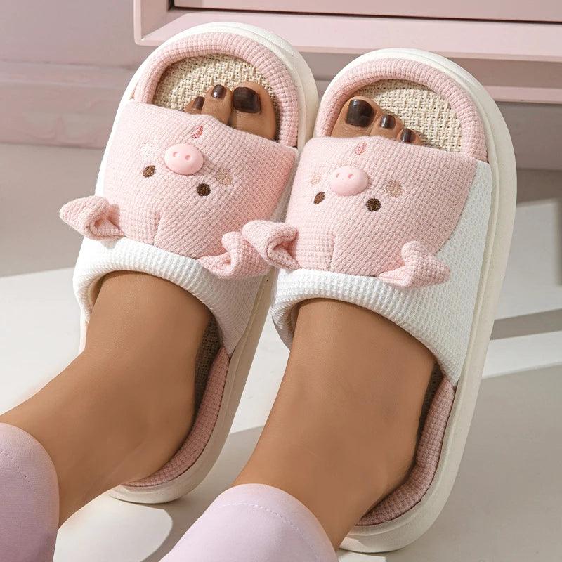 Cartoon Pig Hemp Slippers for Women | Soft Sole Non-Slip Indoor Shoes - Dhavinci