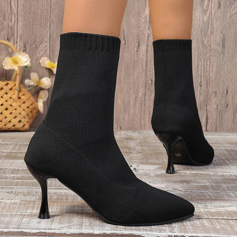 Sexy Thin Heel Ankle Boots for Women | Comfort Knitting Pointed Toe - Dhavinci