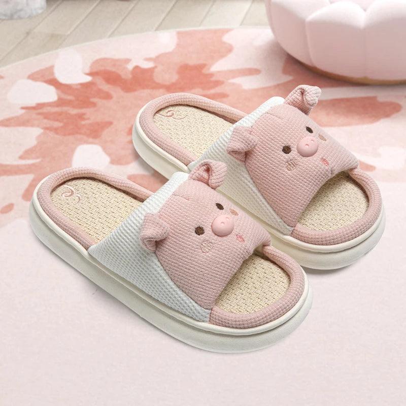 Cartoon Pig Hemp Slippers for Women | Soft Sole Non-Slip Indoor Shoes - Dhavinci