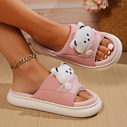 Cartoon Bear Hemp Slippers for Women | Soft Sole Non-Slip House Shoes - Dhavinci