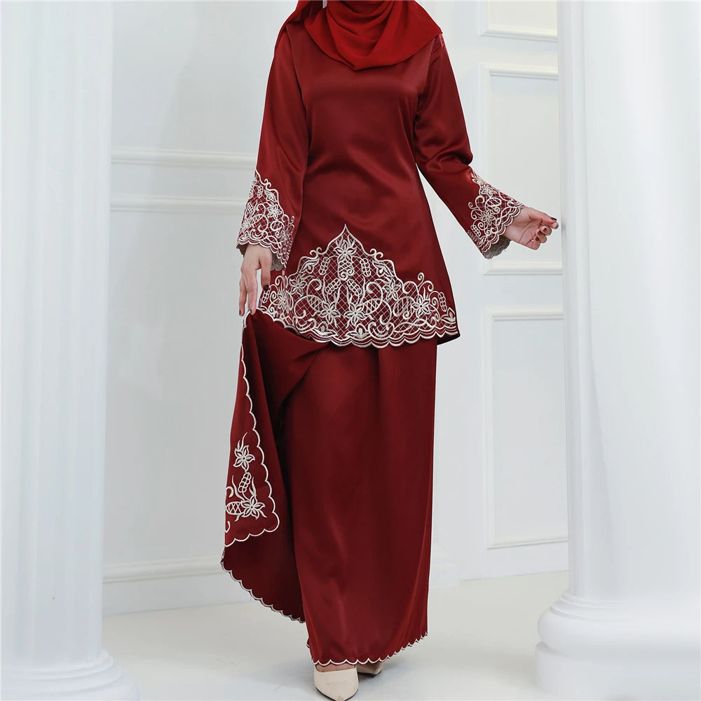 Muslim Long Sleeve Top & Skirt Set | Embroidered Baju Kurung Outfit - Dhavinci