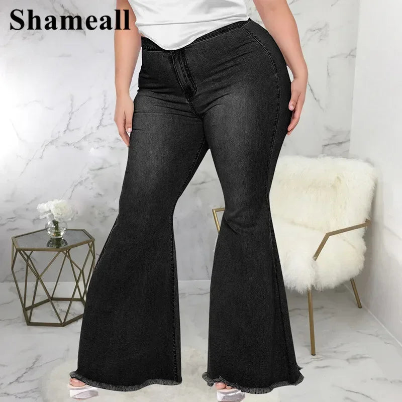 Plus Size High Waist Spliced Flared Jeans Mom 4XL Women Comfortable Elastic Tight Fringe Hem Wide Leg Trousers Women Bell Bottom - Dhavinci