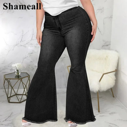 Plus Size High Waist Spliced Flared Jeans Mom 4XL Women Comfortable Elastic Tight Fringe Hem Wide Leg Trousers Women Bell Bottom - Dhavinci