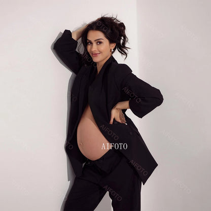 White OL Suit Maternity Photoshoot Outfit Suit Lace Up Long Sleeve Blazer Clothes Chic Chest Chain For Pregnant Women Photograph - Dhavinci