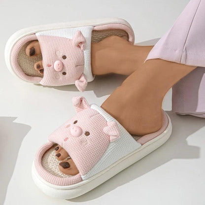 Cartoon Pig Hemp Slippers for Women | Soft Sole Non-Slip Indoor Shoes - Dhavinci