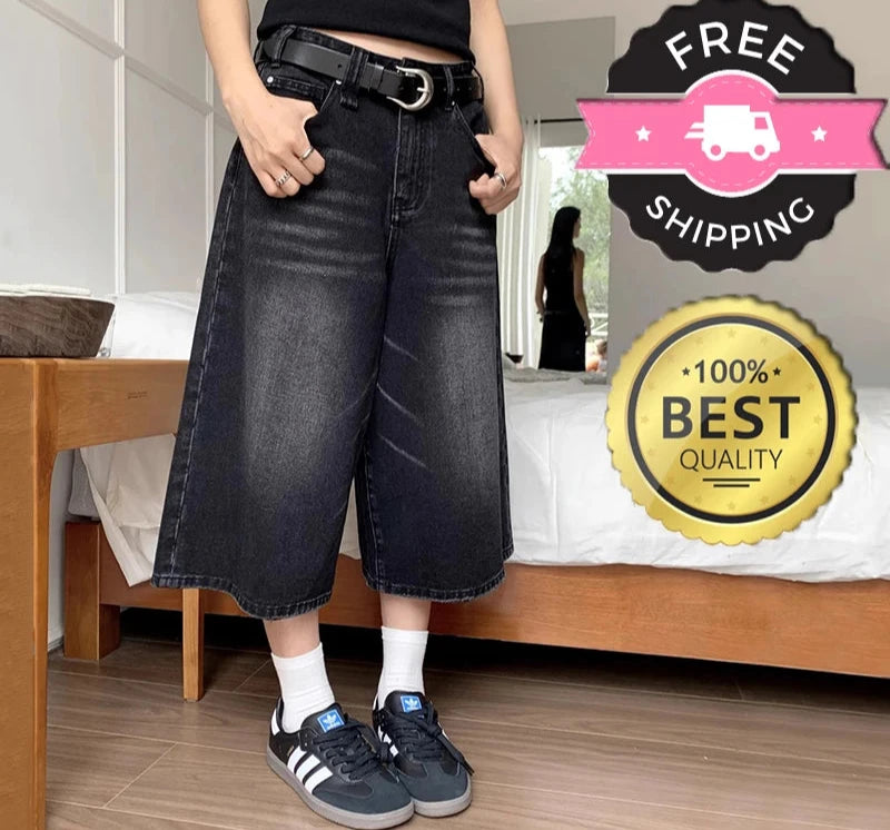 REDDACHiC Retro Y2k Baggy Jorts Women Men Whiskers Black Jeans Low Waist Casual Wide Pants Frayed Denim Shorts Big Size Clothes - Dhavinci