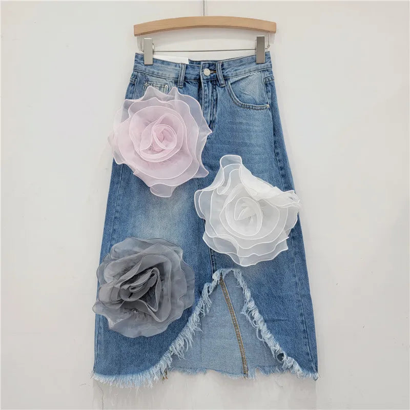 CM.YAYA Women 3D Big Flower Denim Skirts 2024 Autumn Fashion High Waist Sexy Boho Split Knee Length Skirt Women Beach Holiday - Dhavinci