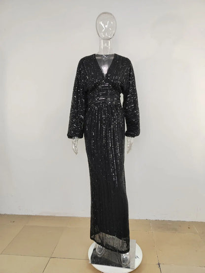 Elegant Shiny Evening Dress Women Party Long Gown Long Sleeve Sequins Even Robe Femme Bridesmaid Wedding Celebrity - Dhavinci