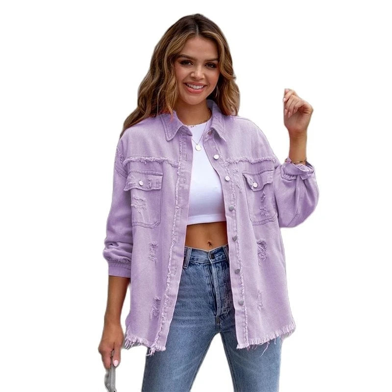 Women’s Raw-Edge Denim Jacket | Casual Spring Jean Coat - Dhavinci