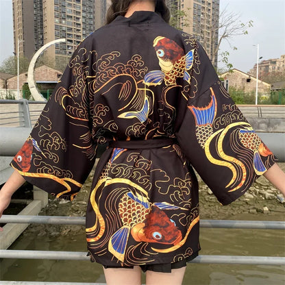 Bebovizi Japanese Style Flaming Phenix Print Cardigan Kimono Harajuku Women Men Sexy Yukata Female Streetwear Traditional Haori - Dhavinci