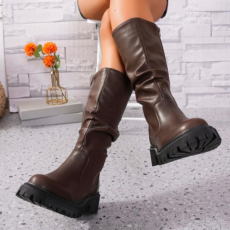 Fashion Pleated Platform Motorcycle Boots for Women | Non-Slip Knee-High - Dhavinci