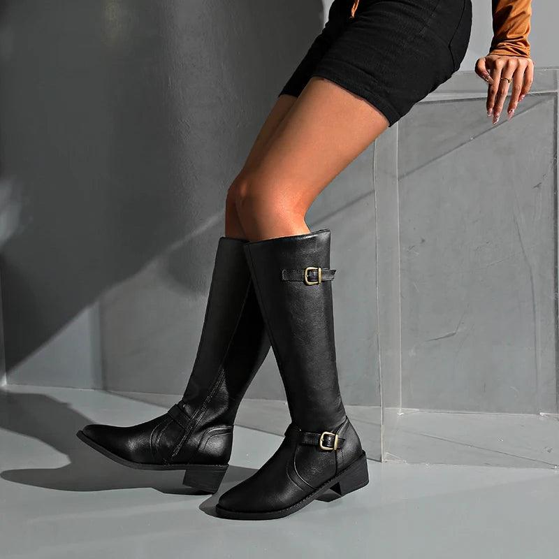 Leather Knee High Boots for Women | Pointed Toe High Heels with Buckle - Dhavinci