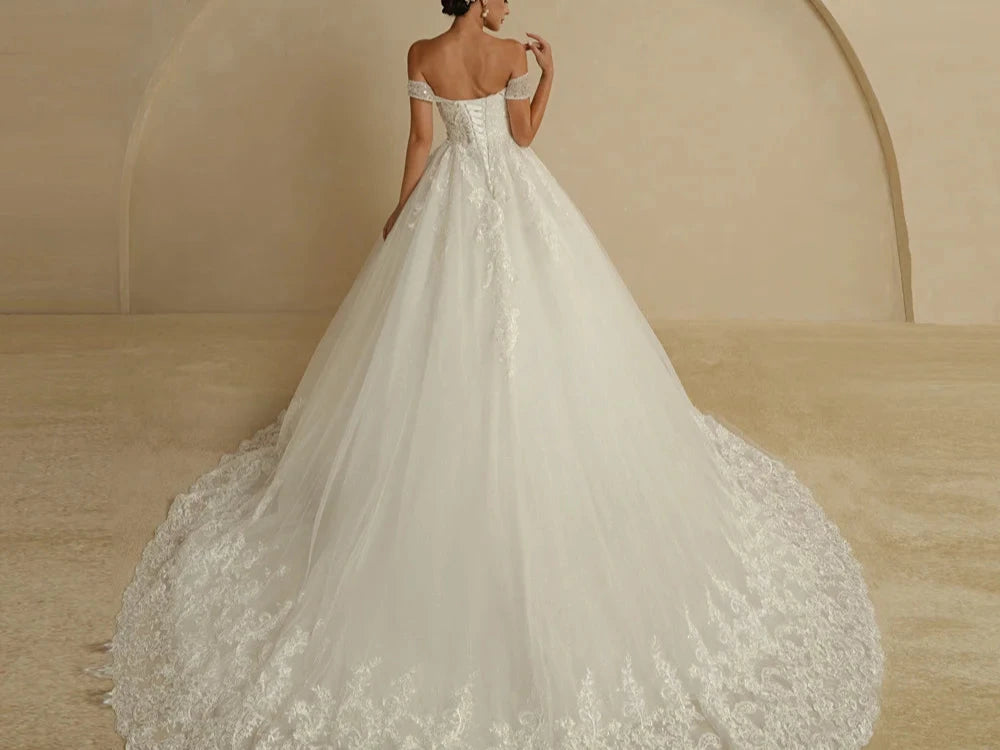 Princess Sweetheart Wedding Dress | Ivory Glitter Skirt & Court Train - Dhavinci