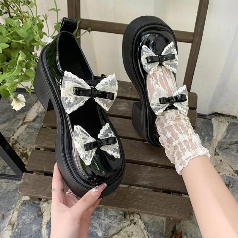 Lace Bow Mary Janes for Women | Patent Leather Platform Heels - Dhavinci