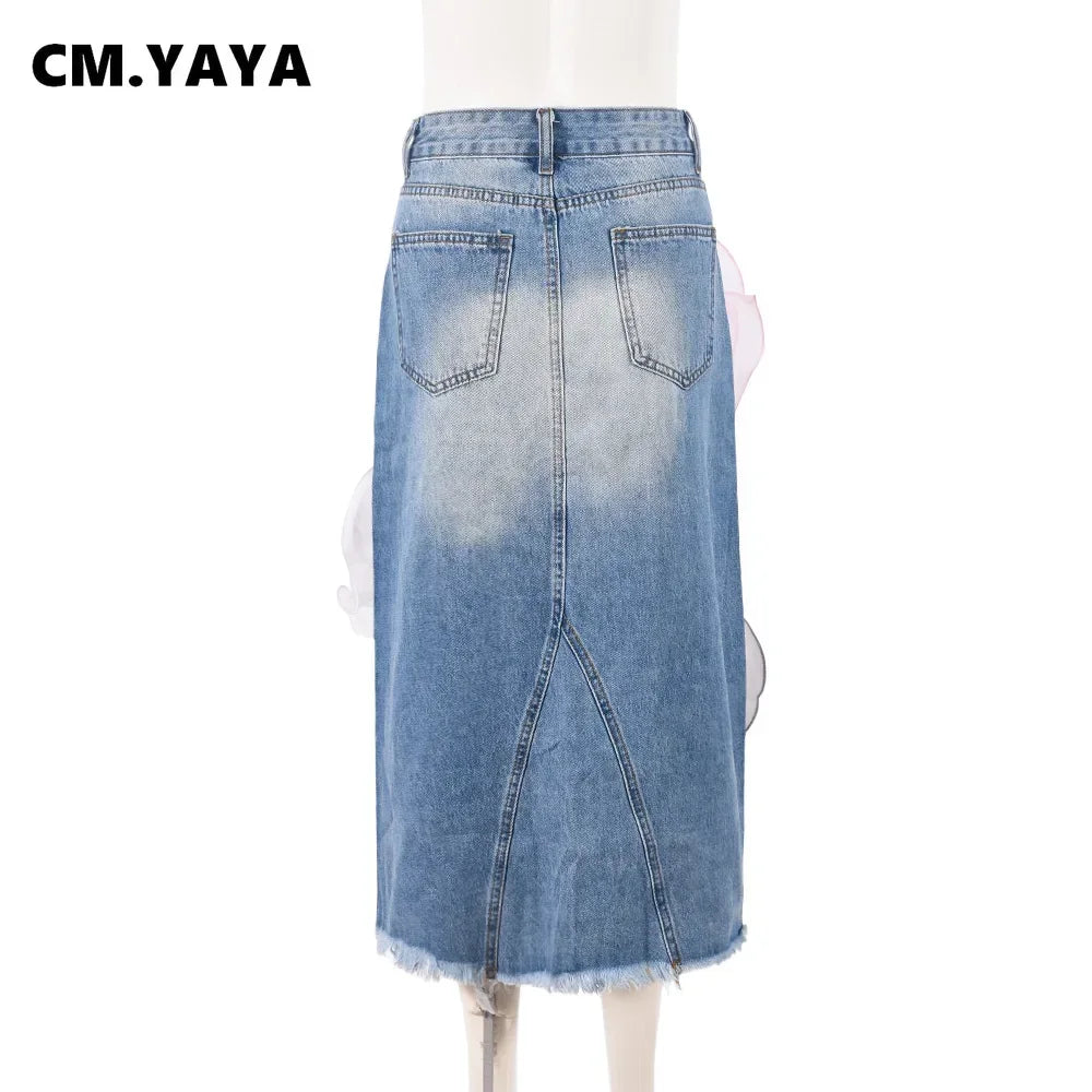 CM.YAYA Women 3D Big Flower Denim Skirts 2024 Autumn Fashion High Waist Sexy Boho Split Knee Length Skirt Women Beach Holiday - Dhavinci