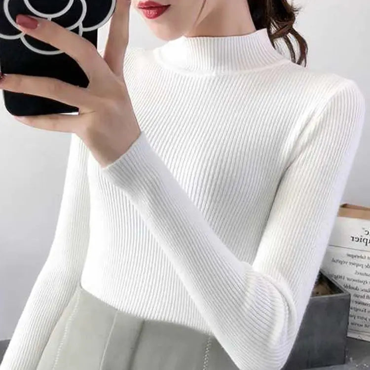 Autumn Winter Mock Neck Sweater | Vintage Solid Knit Pullover for Women - Dhavinci