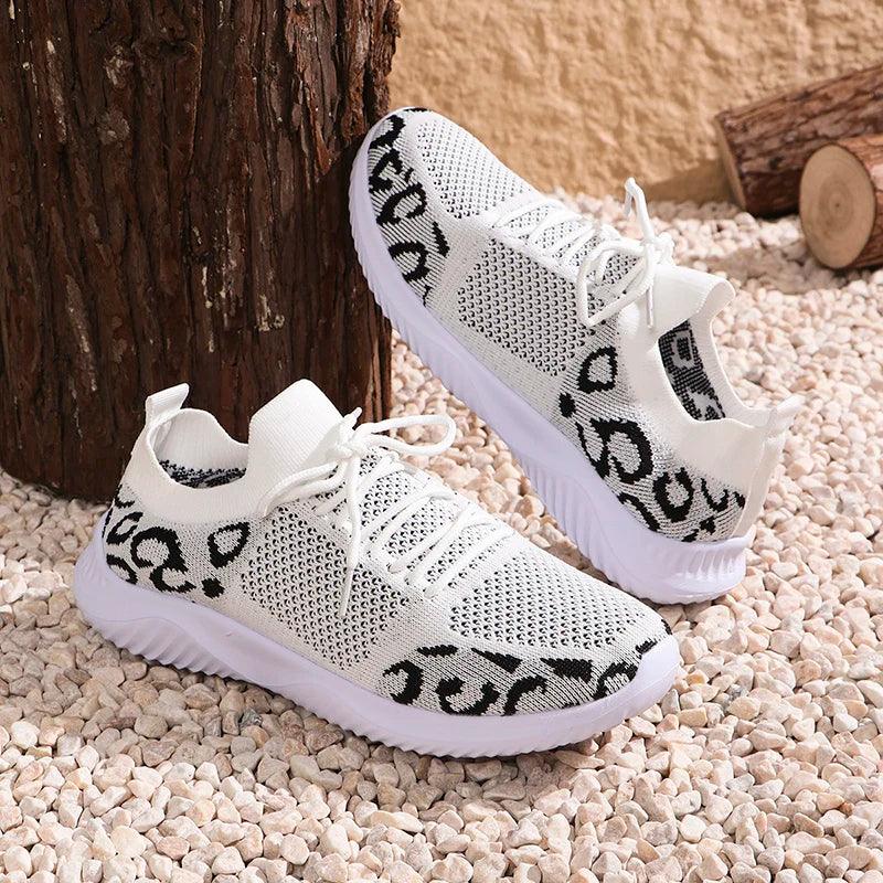 Leopard Print Knitted Sneakers for Women | Breathable Mesh Casual Shoes - Dhavinci