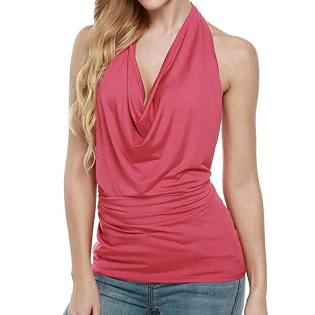 Pink Halter Drape Tank Top | Sexy Backless Camisole - Dhavinci