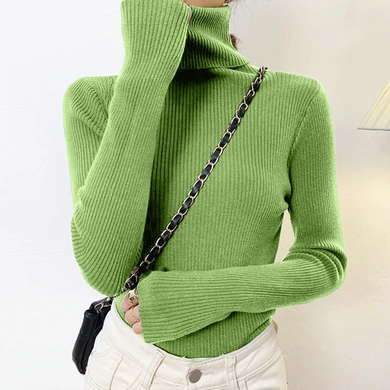 Women Long Sleeved Turtleneck Sweater Harajuku Pullover Women Knit Sweater Slim Elastic Korean Simple Basic Jumper Solid Tops - Dhavinci