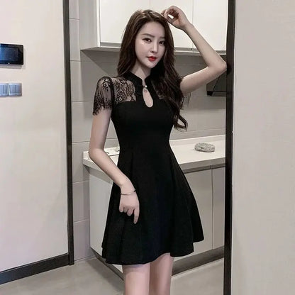 Women's Summer Lace Dress Tulle Cheongsam Dresses for Women 2023 Black Party Prom New Silk Transparent Korean Fashion Vintage - Dhavinci