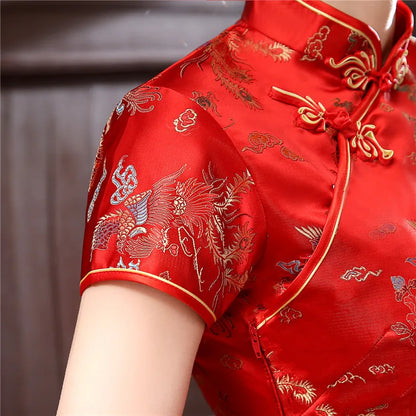 Chinese Style Dress Red Dragon Phoenix Qipao Women Elegant Cheongsams Short Sleeve Satin Vestidos Lady Summer Dresses Oversize - Dhavinci