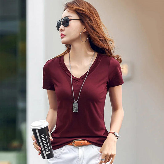 Women’s V-Neck Slim Fit T-Shirt | Summer Casual Burgundy Cotton Tee - Dhavinci