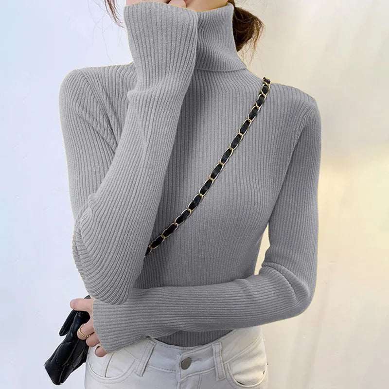 Women Long Sleeved Turtleneck Sweater Harajuku Pullover Women Knit Sweater Slim Elastic Korean Simple Basic Jumper Solid Tops - Dhavinci