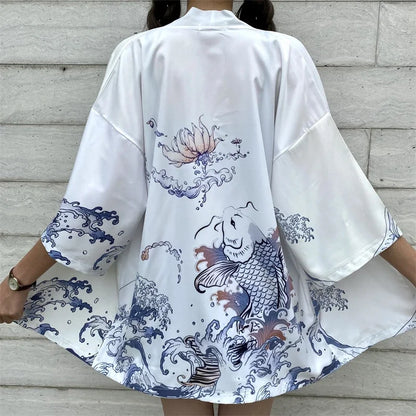 Bebovizi Japanese Style Flaming Phenix Print Cardigan Kimono Harajuku Women Men Sexy Yukata Female Streetwear Traditional Haori - Dhavinci