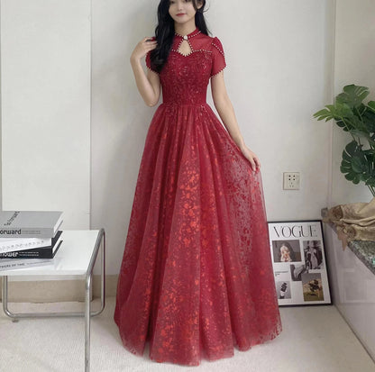 Mandarin Collar Pearls Bachelorette Party Dress Women Elegant Luxury Vintage Red Prom Dress Long - Dhavinci