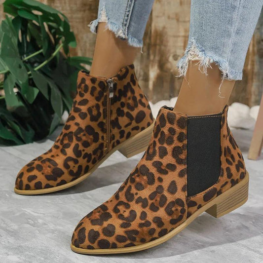 Leopard Print Ankle Boots for Women | Pointed Toe Square Heel - Dhavinci