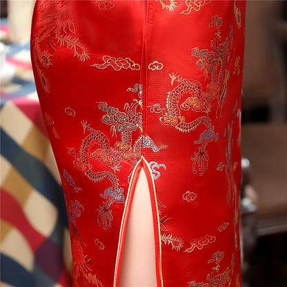 Chinese Style Dress Red Dragon Phoenix Qipao Women Elegant Cheongsams Short Sleeve Satin Vestidos Lady Summer Dresses Oversize - Dhavinci