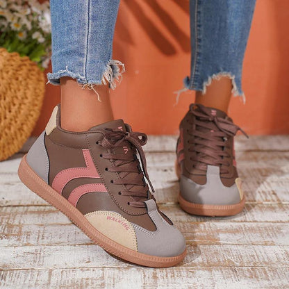 Mix Color Vulcanized Shoes for Women | Lace-Up PU Leather High-Top Sneakers - Dhavinci