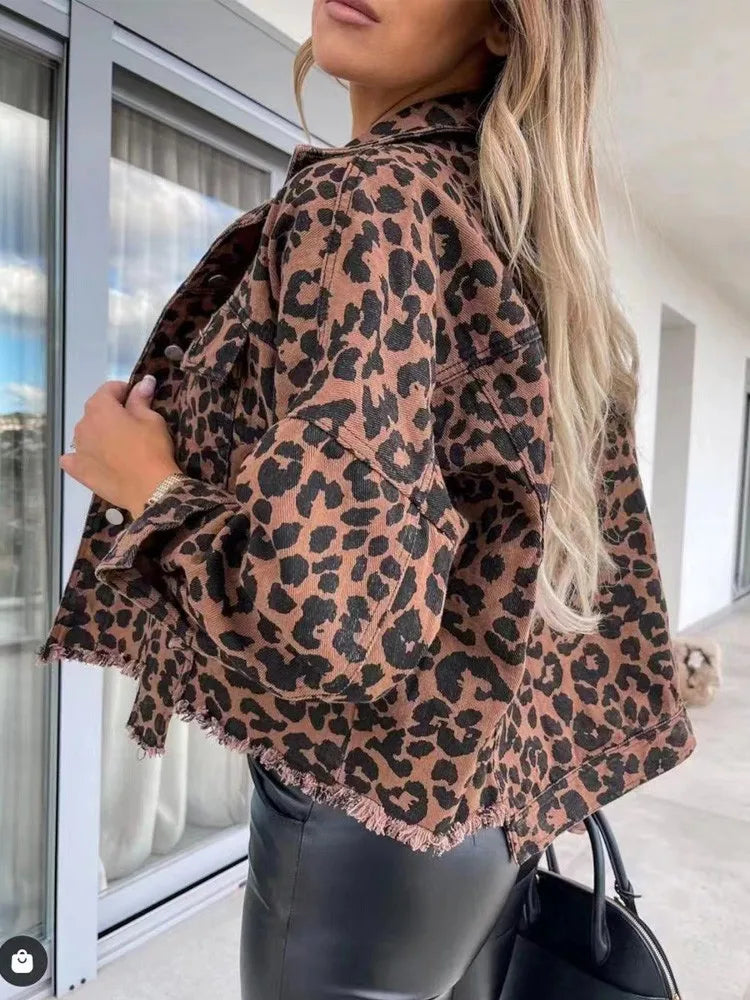 New Loose Leopard Denim Jacket Women Shirt Style Jeancoat Spring Autumn Female Casual Top Street Outerwear Lady Student Jacket - Dhavinci