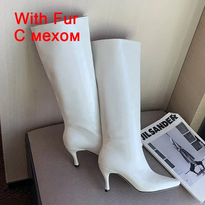 JOZHAMTA Size 33-40 Women Knee Boots Genuine Leather Luxury Band Thin High Heels Winter Shoes Woman Pointed Toe Sexy Long Boots - Dhavinci