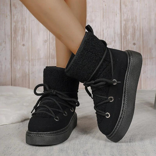 Lace-Up Plush Snow Boots for Women | Faux Fur Winter Ankle Boots - Dhavinci