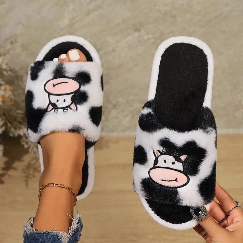 Cartoon Cow Fur Slippers for Women | Warm Fluffy Open Toe Home Slides - Dhavinci