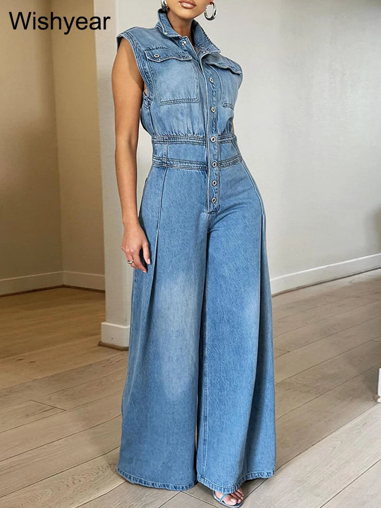 Vintage Loose Denim Wide Leg Pants Jumpsuit Women Pocket Sleeveless Single Breasted Baggy Jean One Piece Rompers Street Overalls - Dhavinci