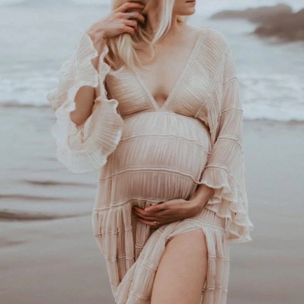 Bohemian Dress Maternity Dresses For Photo Shoot V-neck Gowns Long Sleeve Pleated Chiffon Lotus Leaf Pregnancy Women Photography - Dhavinci