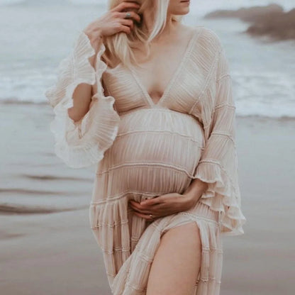 Bohemian Dress Maternity Dresses For Photo Shoot V-neck Gowns Long Sleeve Pleated Chiffon Lotus Leaf Pregnancy Women Photography - Dhavinci