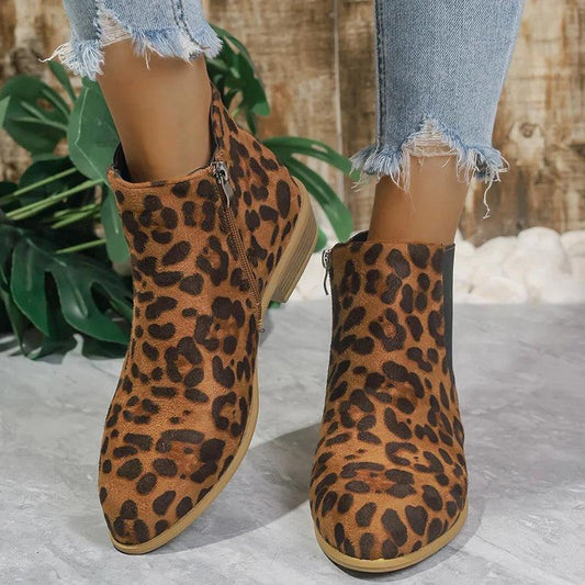 Leopard Print Ankle Boots for Women | Pointed Toe Square Heel - Dhavinci