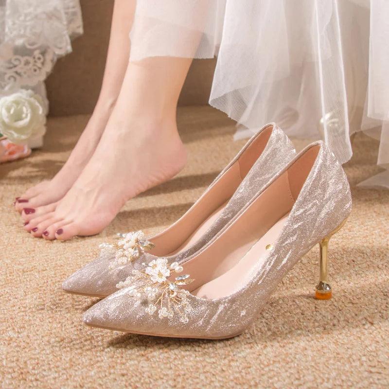 Shiny Buckle Thin Heels Pumps for Women | Pearl Flowers Wedding Party Shoes - Dhavinci