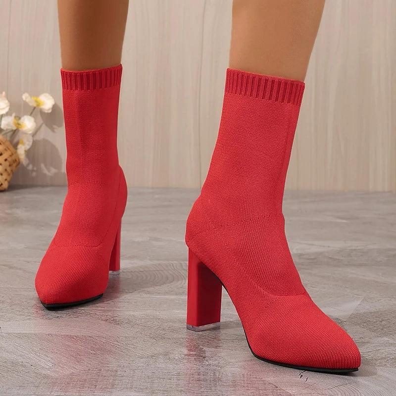 Knitted High Heel Ankle Boots for Women | Pointed Toe Sock Boots - Dhavinci