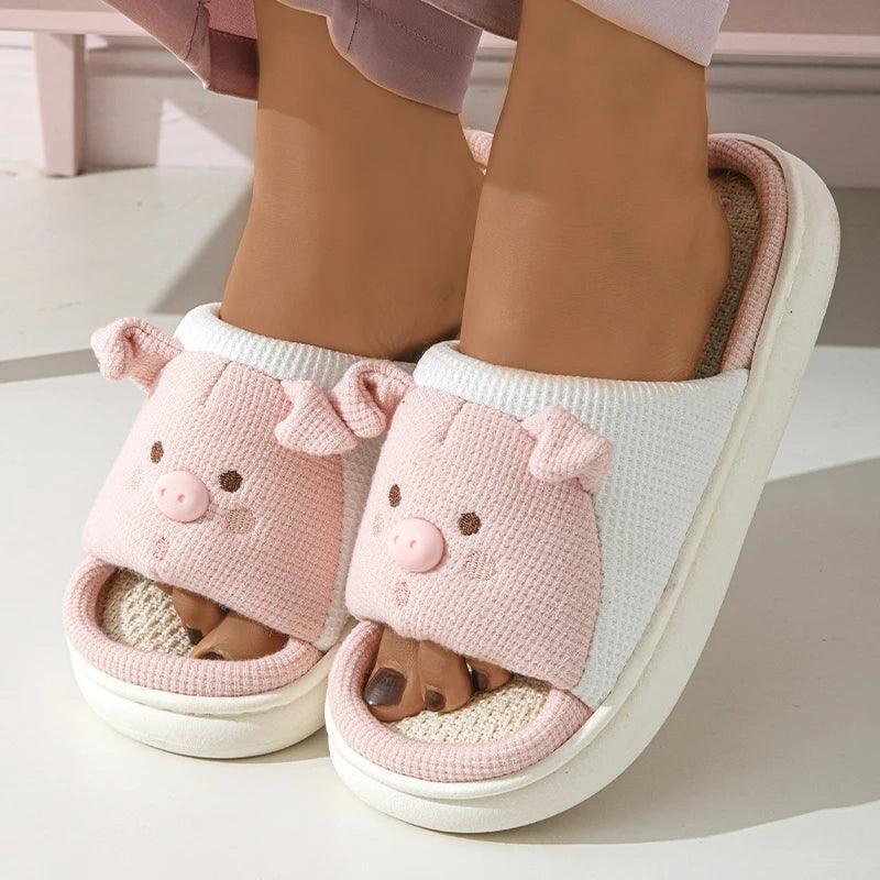 Cartoon Pig Hemp Slippers for Women | Soft Sole Non-Slip Indoor Shoes - Dhavinci