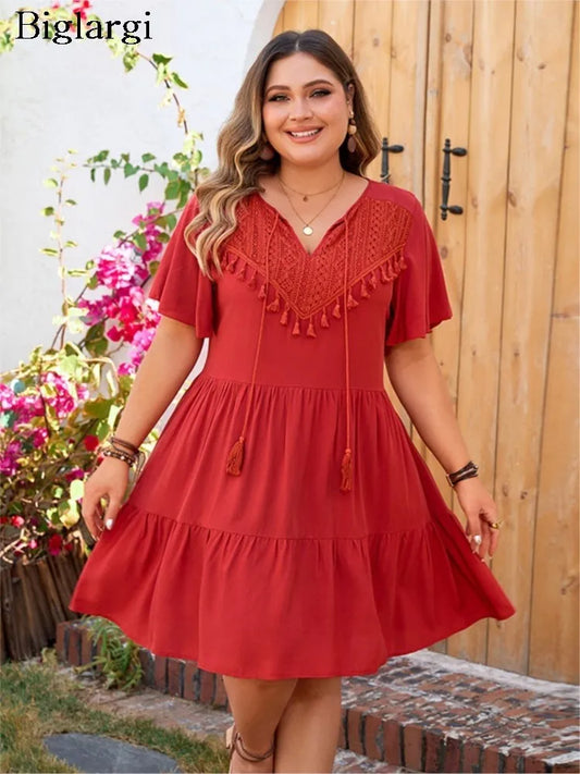 Plus Size Summer Mini V-Neck Dress Women Slim Fashion Fringe Patchwork Ladies Dresses Ruffle Pleated Ethnic Style Woman Dress - Dhavinci