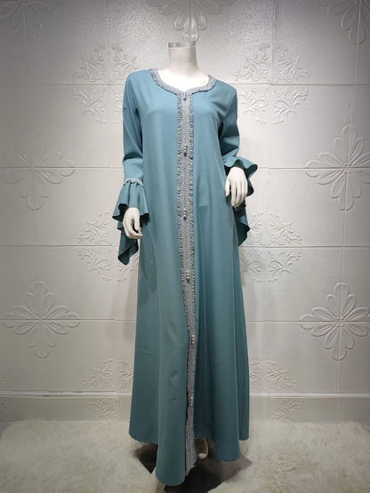 Modest Autumn Muslim Dress | Embroidered Abaya with Ruffles Sleeve - Dhavinci