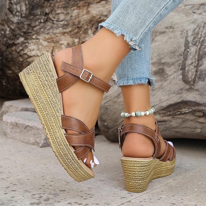 Fashion Weave Wedge Heel Sandals for Women | Leather Chunky Platform Shoes - Dhavinci