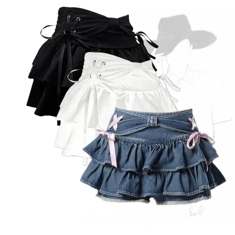 Blue Denim Pleated Skirt Bow Fold Design Women's A-line Short Skirt Built in Shorts American Spicy Girl Korean Fashion Hotsweet - Dhavinci