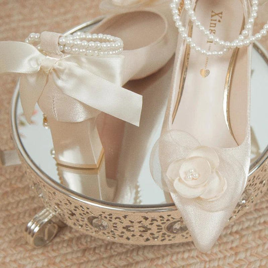 Elegant Bridal Shoes with Pearl Strap | High Heel Wedding Pumps - Dhavinci